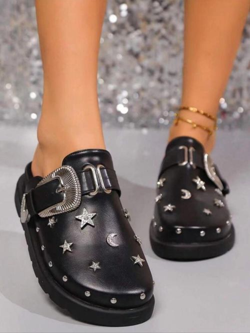 Women's Fashionable Metal Decorated Slippers, Gifts for Girlfriend, Casual Comfortable Flat Platform Slippers for Beach, Female All-match Round Toe Slide Slippers for Daily Wear, Elegant Slippers, Ladies Slippers X0002👡👡👡👠