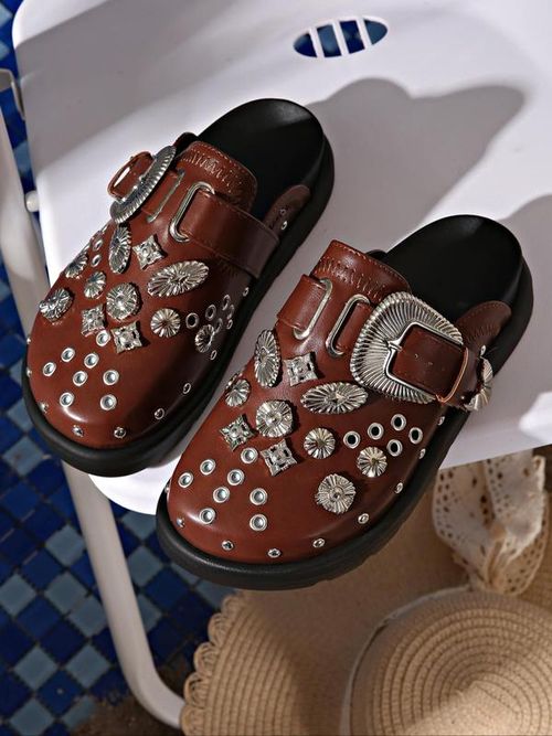 Women's Fashionable Metal Decorated Slippers, Gifts for Girlfriend, Casual Comfortable Flat Platform Slippers for Beach, Female All-match Round Toe Slide Slippers for Daily Wear, Elegant Slippers, Ladies Slippers X0002👡👡👡👠