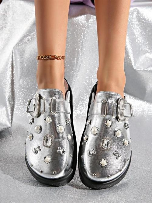 Women's Fashionable Metal Decorated Slippers, Gifts for Girlfriend, Casual Comfortable Flat Platform Slippers for Beach, Female All-match Round Toe Slide Slippers for Daily Wear, Elegant Slippers, Ladies Slippers X0002👡👡👡👠