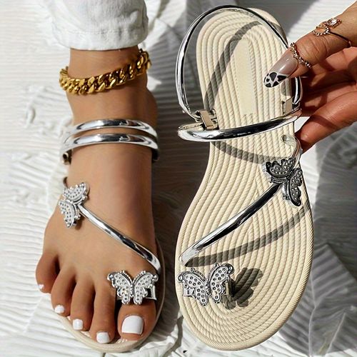 Rhinestone butterfly decorative toe ring slippers, lightweight ladies' holiday slippers X0020👡👠👡