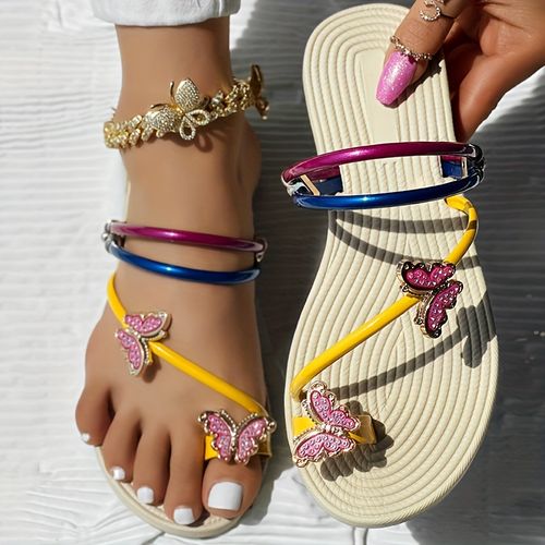 Rhinestone butterfly decorative toe ring slippers, lightweight ladies' holiday slippers X0020👡👠👡