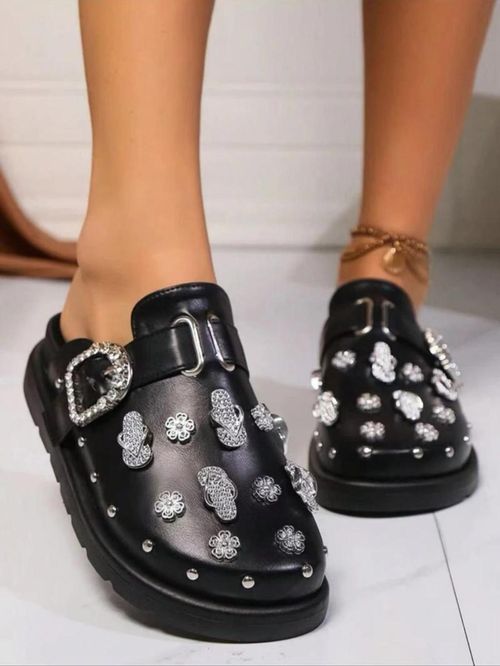 Women's Fashionable Metal Decorated Slippers, Gifts for Girlfriend, Casual Comfortable Flat Platform Slippers for Beach, Female All-match Round Toe Slide Slippers for Daily Wear, Elegant Slippers, Ladies Slippers X0002👡👡👡👠