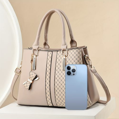 Fashionable ladies' large capacity handbag - plaid pattern design, three-layer pocket, zipper closure - optional colors: khaki, green, black B0002👜👡👜👠👜