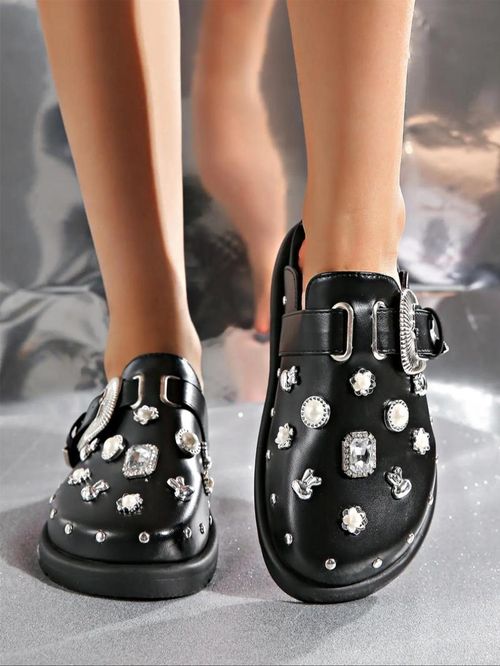 Women's Fashionable Metal Decorated Slippers, Gifts for Girlfriend, Casual Comfortable Flat Platform Slippers for Beach, Female All-match Round Toe Slide Slippers for Daily Wear, Elegant Slippers, Ladies Slippers X0002👡👡👡👠