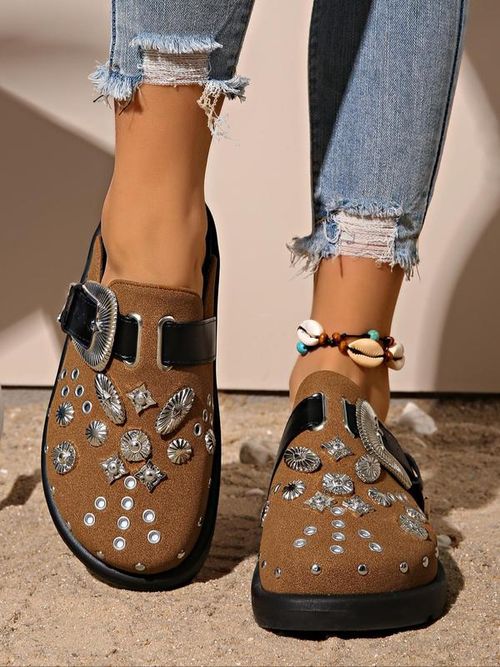 Women's Fashionable Metal Decorated Slippers, Gifts for Girlfriend, Casual Comfortable Flat Platform Slippers for Beach, Female All-match Round Toe Slide Slippers for Daily Wear, Elegant Slippers, Ladies Slippers X0002👡👡👡👠