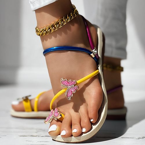 Rhinestone butterfly decorative toe ring slippers, lightweight ladies' holiday slippers X0020👡👠👡