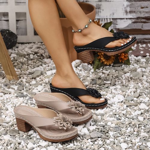 Women's solid color floral decorative high heel sandals - thick sole thick sole cover open slippers, synthetic material covering with rubber sole, light and comfortable summer beach casual shoes, semi-formal occasion thick heel sandals, beach outfit sandals, decorative flower sandals X0027👡👠👡👠