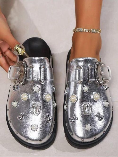 Women's Fashionable Metal Decorated Slippers, Gifts for Girlfriend, Casual Comfortable Flat Platform Slippers for Beach, Female All-match Round Toe Slide Slippers for Daily Wear, Elegant Slippers, Ladies Slippers X0002👡👡👡👠