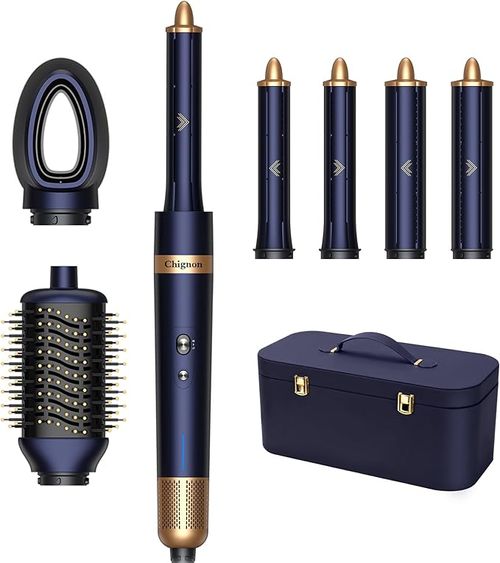 Hair Dryer Brush, Chignon 6 in 1 Hot Air Brush, High-Speed Negative Ionic Hair Dryer and Hair Curling Wand Set with Auto Air-Wrap Curlers for Fast Drying, Curling Drying, Straightening Combing (Blue)