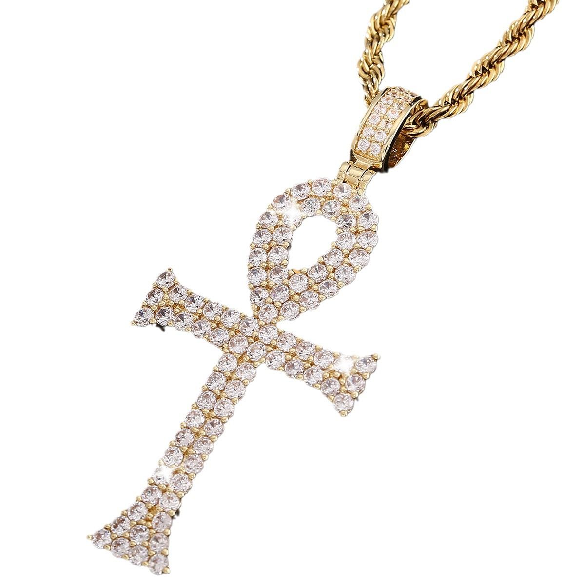 Copper inlaid zircon cross pendant necklace