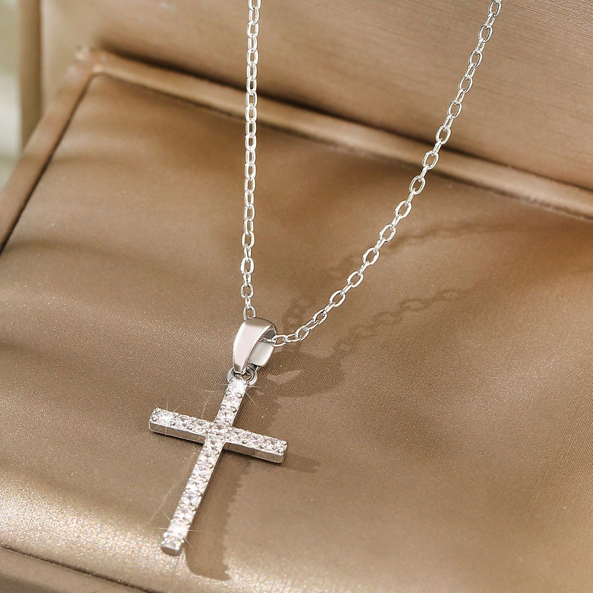 Copper inlaid zircon cross necklace