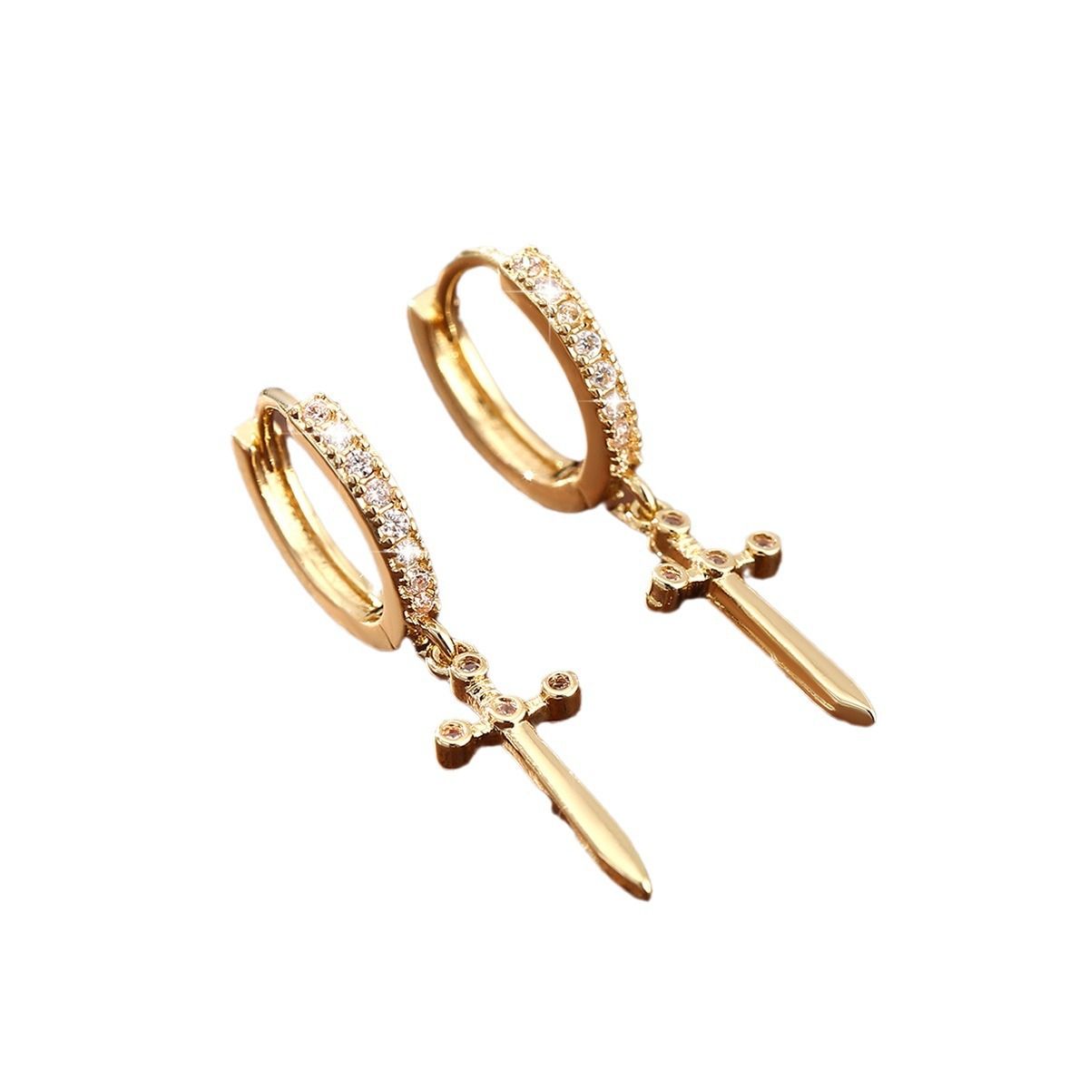 Copper inlaid zirconium cross pendant earrings