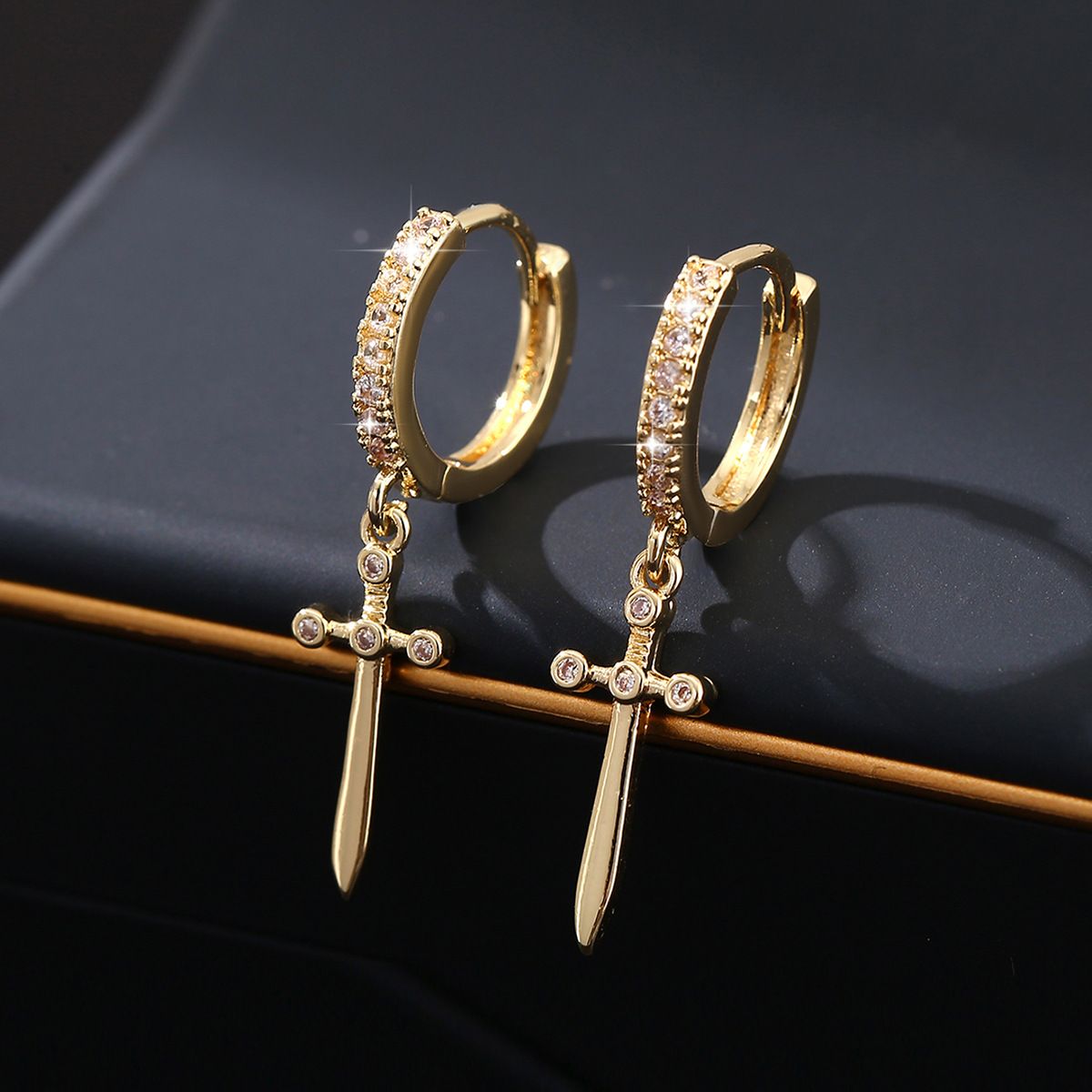 Copper inlaid zirconium cross pendant earrings