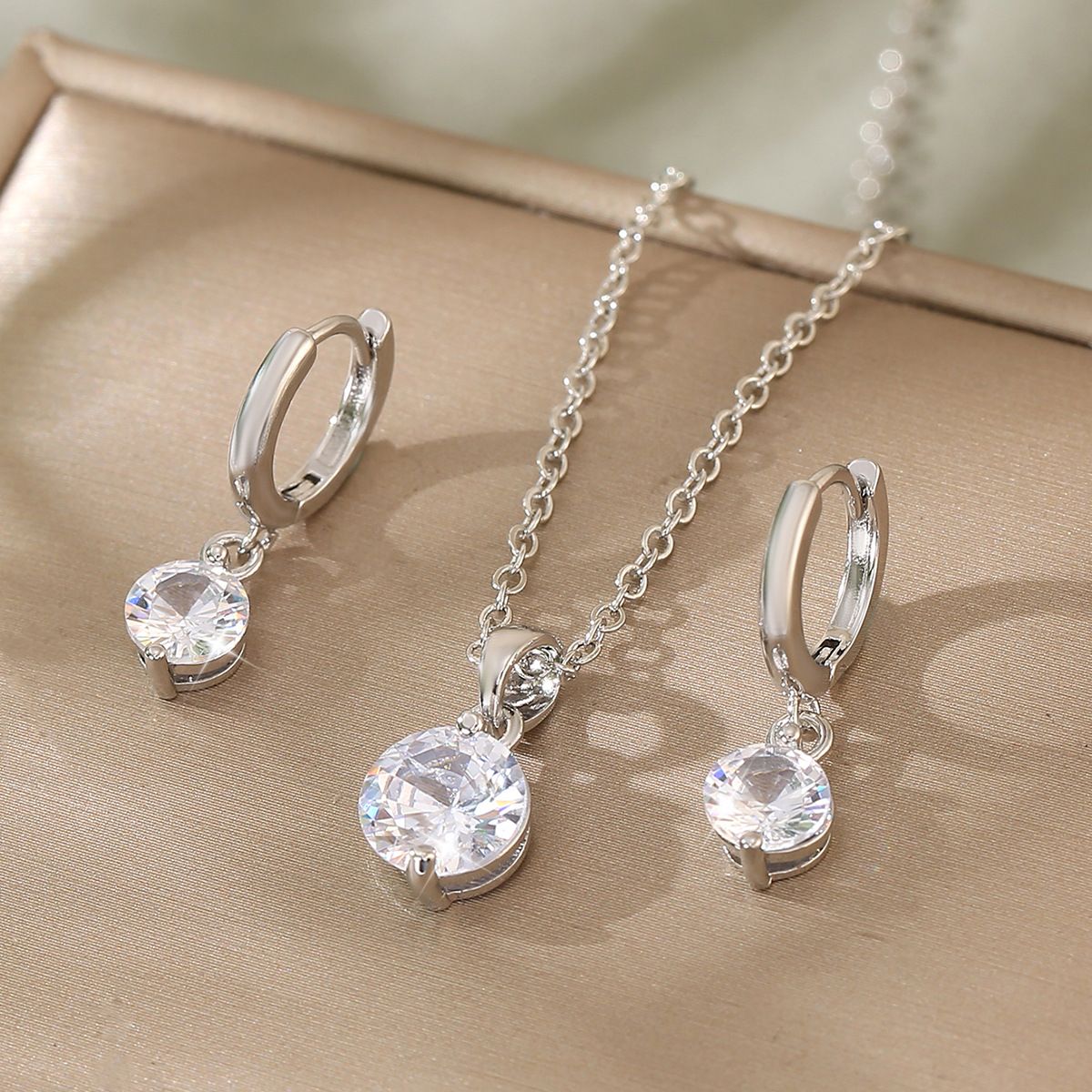 Copper inlaid zirconium water droplet pendant earrings necklace three piece set
