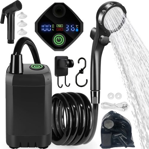 Rechargeable Portable Outdoor Shower Pump, IPX7 Waterproof Camping Shower with Digital Temperature & Battery Display, 4 Spray Modes for Camping, Pet Bathing, Car Washing