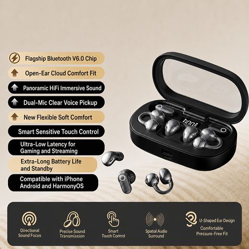6 in 1 Multi Style Black Open Ear Bluetooth V6.0 Ear Clip Wireless Earbuds Anti Leakage Spatial Audio