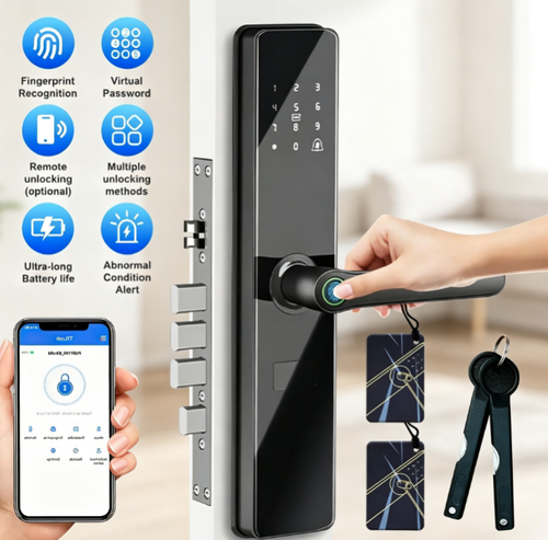 One-touch door lock: fingerprint, PIN, card, key, anti-tamper alarm
