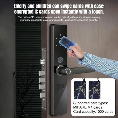 One-touch door lock: fingerprint, PIN, card, key, anti-tamper alarm