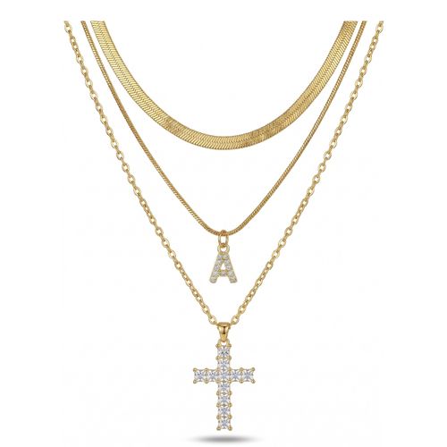 New Women's Initial Cross Necklace, Fashion Layered Zircon Pendant Jewelry