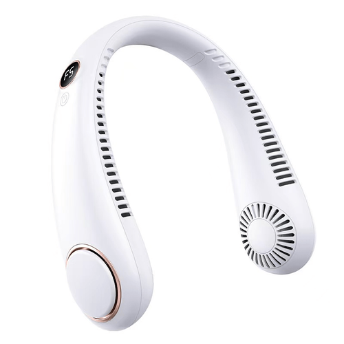 USB-powered digital display neck-worn fan with 5-speed settings and 5-hour battery life