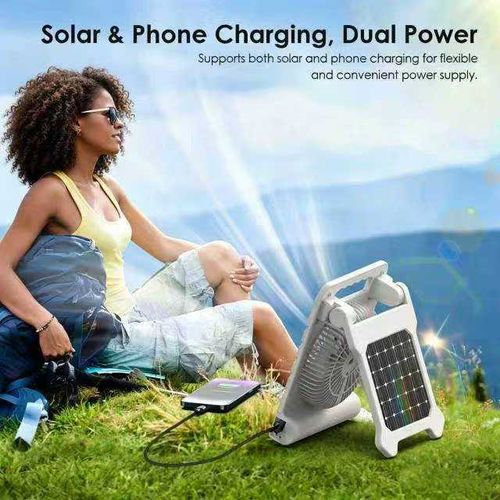 Solar-Powered Fan, Portable Power Bank (4000 mAh), LED Light