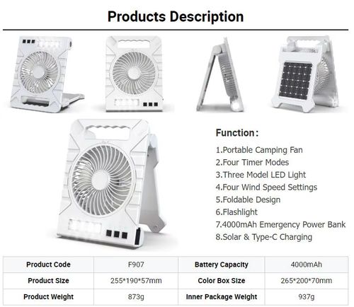 Solar-Powered Fan, Portable Power Bank (4000 mAh), LED Light