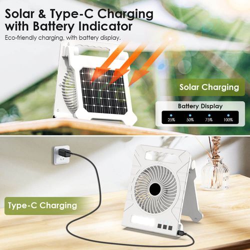 Solar-Powered Fan, Portable Power Bank (4000 mAh), LED Light