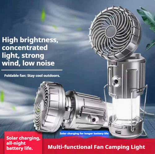 Solar Camping Fan Light, Ceiling Fan Light, USB or battery Powered Emergency Light, Four In One Solar And USB Rechargeable Portable Lantern And Fan, Adjustable Brightness, Foldable Handheld Flashlight, Suitable For Power Outages, Camping, Outdoor