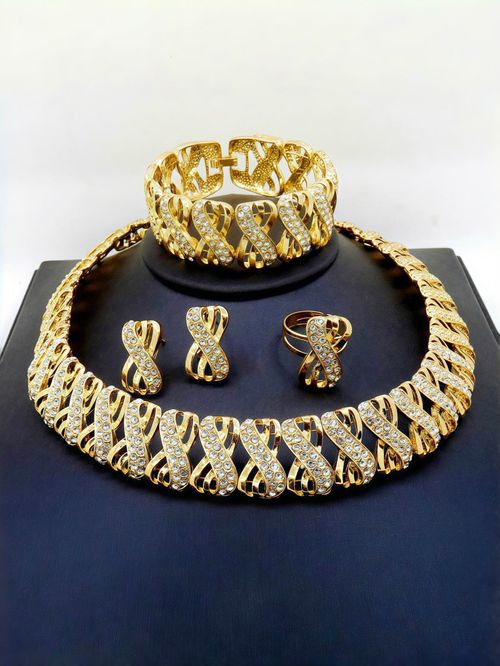 Four-Piece Gold Full Diamond Cross Twist Jewelry Set Including Necklace Earrings Ring for Women