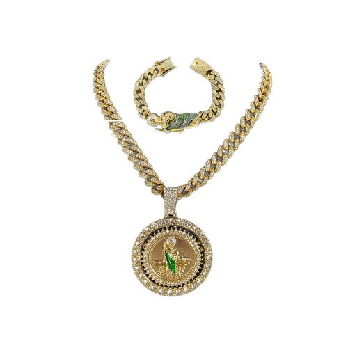Rotating Zircon Cuban Chain St. Jude Pendant Necklace, Religious Alloy Jewelry