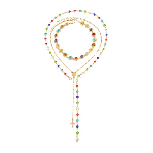 3-Piece Set of Charming Multicolor Crystal Cross Necklaces for Women Stackable Collar Necklaces