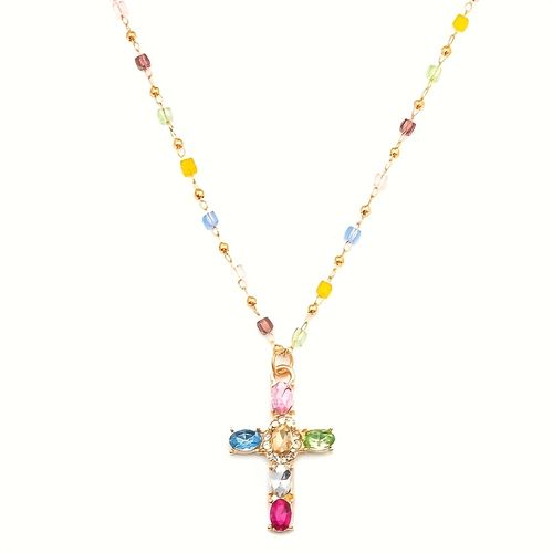Colorful Cross Contrast Buddhism Trendy Necklace Women Niche Design Ins Style Elegant High-End Super Sparkling Zircon Link Chain