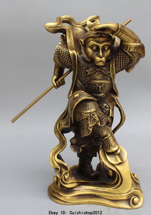 13" Chinese Bronze Buddhism Sun WuKong Monkey King golden cudgel Buddha Statue