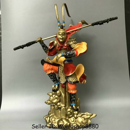 16" Chinese Copper Painting Monkey King Sun Wukong golden cudgel Figure Statue