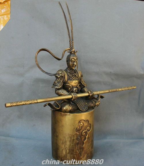 15.7"China Pure Bronze Beauty Monkey King Sun Wukong golden cudgel Figure Statue