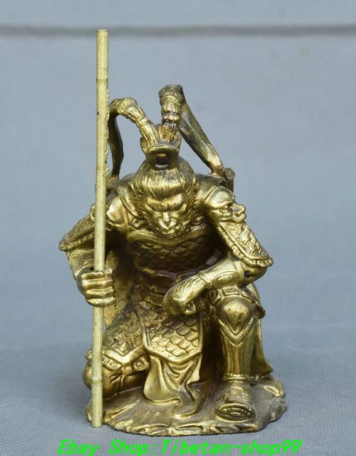 Old Bronze Gilt Xiyouji Sun WuKong Monkey King Golden Cudgel Hold Statue