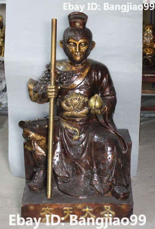 94CM China Bronze Sun WuKong Monkey King Golden Cudgel Hold Peach Buddha Statue