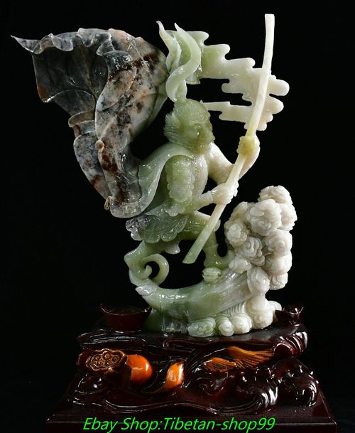 Natural Xiu Green Jade Sun WuKong Monkey King Golden Cudgel Hold Statue