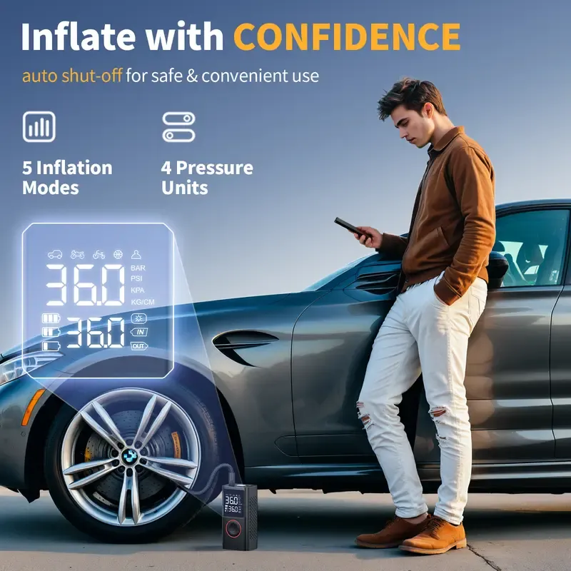 Powools Cordless Tire Pump - Battery-Powered Automotive Inflator with Large Capacity Battery, Wireless Digital Screen, Enhanced Safety Features, Quick Inflate, Wirefree Use, Portable Pumps for Cars, Inflatables, Inflatables Users