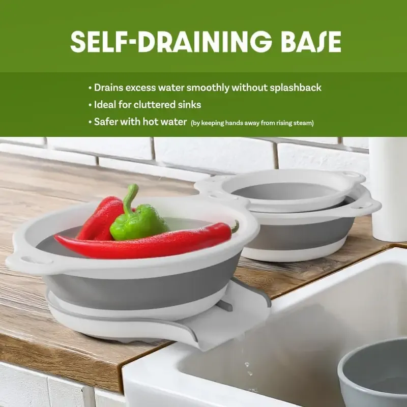 Collapsible Colanders 3-Pack Sturdy Kitchen Strainer Set, Compact with Over-Sink Self-Drainage Base