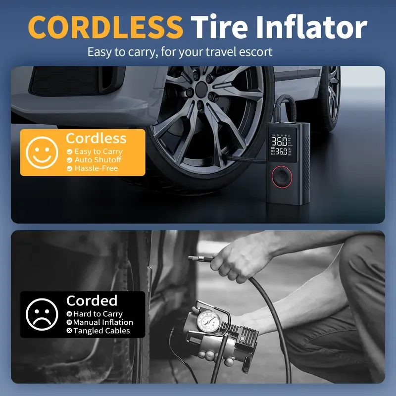 Powools Cordless Tire Pump - Battery-Powered Automotive Inflator with Large Capacity Battery, Wireless Digital Screen, Enhanced Safety Features, Quick Inflate, Wirefree Use, Portable Pumps for Cars, Inflatables, Inflatables Users