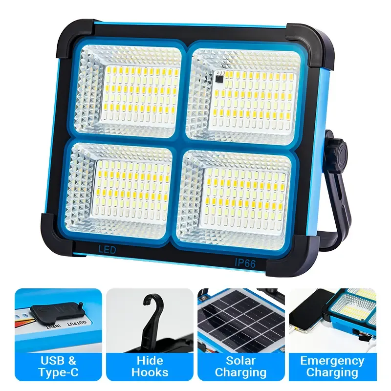 Solar Rechargeable LED Work Light , USB & Type-C Charging, 5 Lighting Modes, IP66 Waterproof, Magnetic, SOS Emergency Signal, Adjustable Stand