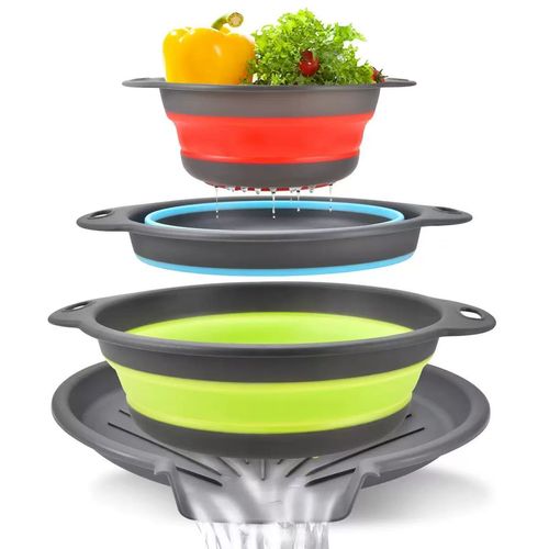 Collapsible Colanders 3-Pack Sturdy Kitchen Strainer Set, Compact with Over-Sink Self-Drainage Base