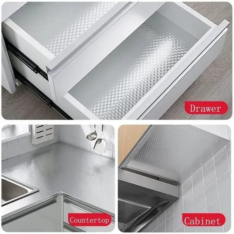 Kitchen Wallpaper – Oil-Proof, Waterproof, Fire-Resistant Self-Adhesive Contact Paper | Aluminium Foil Backing Cabinet Liner | Heat-Resistant Peel & Stick Removable Wallpaper | 1.4ft x 16.5ft | Silver Cube Texture Non-Woven Fabric