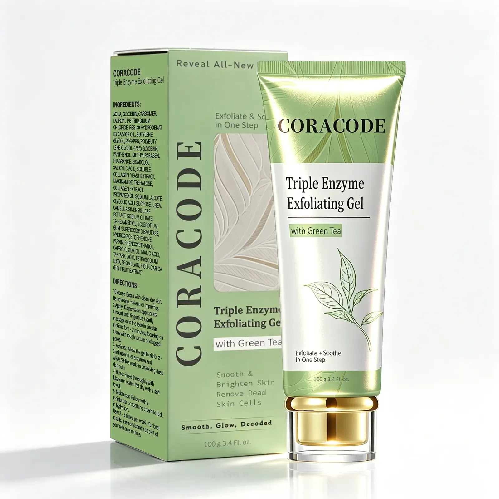 Triple Enzyme Exfoliating Gel Tube - Green Tea Aqua Peel, Gentle Face Scrub with Fruit Enzymes, AHA, BHA & Hyaluronic Acid, Hydrating Acne Care, Anti-Wrinkle, Clogged Pores Solution, 100ml for Adults (Exfoliate for Soft Skin Routine)