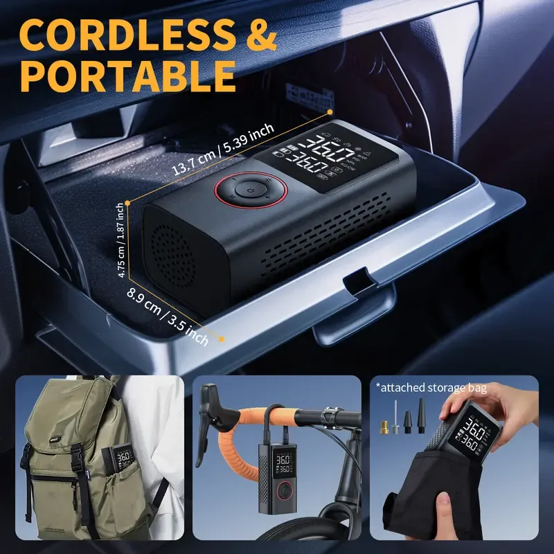 Powools Cordless Tire Pump - Battery-Powered Automotive Inflator with Large Capacity Battery, Wireless Digital Screen, Enhanced Safety Features, Quick Inflate, Wirefree Use, Portable Pumps for Cars, Inflatables, Inflatables Users