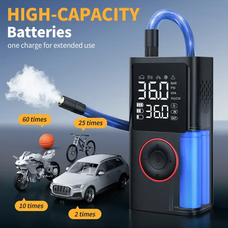 Powools Cordless Tire Pump - Battery-Powered Automotive Inflator with Large Capacity Battery, Wireless Digital Screen, Enhanced Safety Features, Quick Inflate, Wirefree Use, Portable Pumps for Cars, Inflatables, Inflatables Users