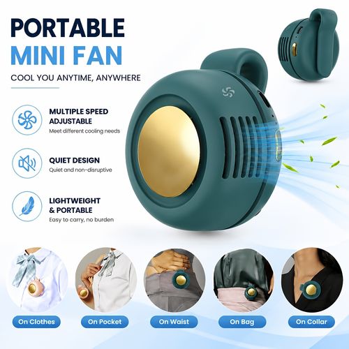 Mini Clip Fan, Portable Bladeless Personal Fan, Multi-Speed, 360 Degree Rotation, Quiet, Rechargeable, Hands-Free, Travel And Outdoor Use