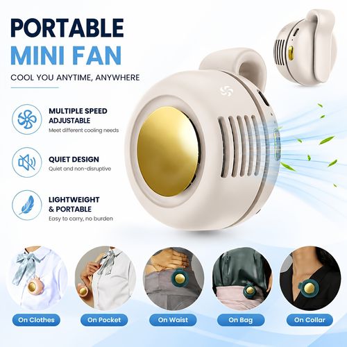 Mini Clip Fan, Portable Bladeless Personal Fan, Multi-Speed, 360 Degree Rotation, Quiet, Rechargeable, Hands-Free, Travel And Outdoor Use
