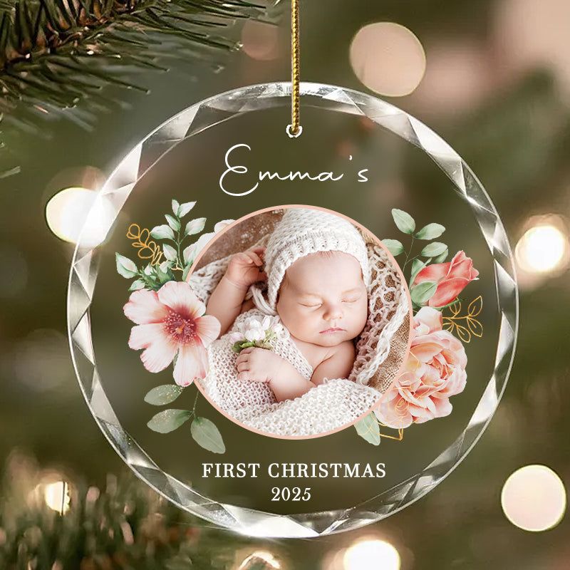 Personalized Baby Photo Ornament – Custom Glass Keepsake for First Christmas 2025 – Floral Gift for Families